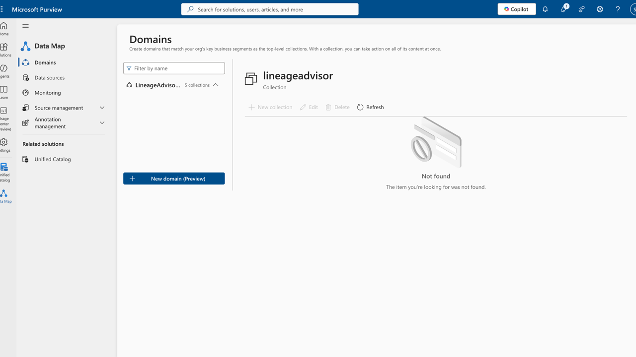 Microsoft Purview collection created for Lineage Advisor validation